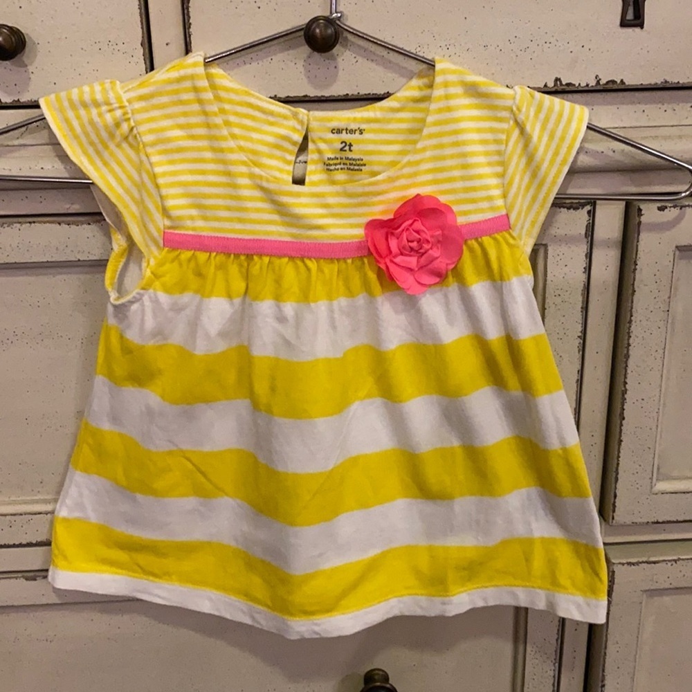 Carter’s yellow & white striped shortsleeve shirt kids top with pink flower 2T​